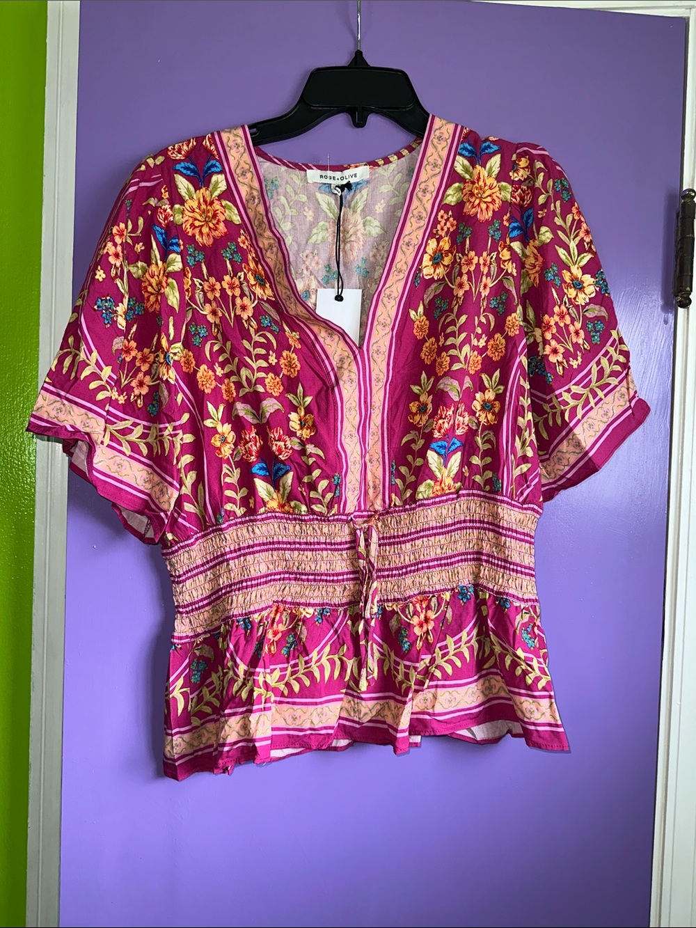 Rose & Olive Magenta Floral Embroidered Peasant Blouse pink hippie boho fashion